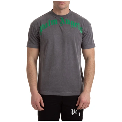Shop Palm Angels Men's Short Sleeve T-shirt Crew Neckline Jumper Curved Logo Vintage Wash In Grey