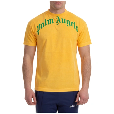 Shop Palm Angels Men's Short Sleeve T-shirt Crew Neckline Jumper Vintage Wash Curved Logo In Yellow