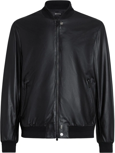 Shop Z Zegna Leather Bomber Jacket In Black