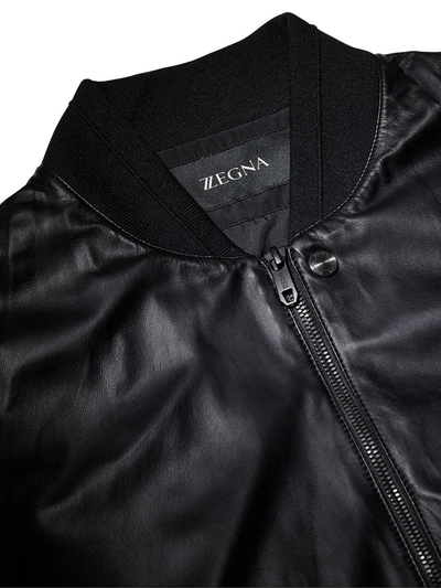 Shop Z Zegna Leather Bomber Jacket In Black