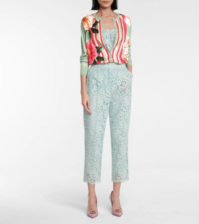 Shop Dolce & Gabbana Floral Silk Twill Cardigan In Green