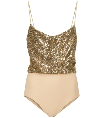 Shop Balmain Sequined Stretch-jersey Bodysuit In Gold