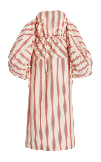 Shop Rosie Assoulin Women's Balloon-sleeve Striped Cotton Strapless Midi Dress