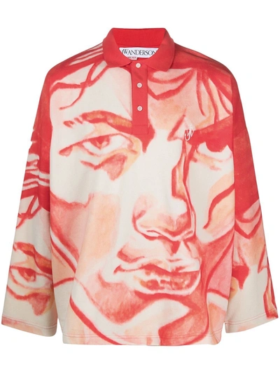 Shop Jw Anderson Long-sleeve Face Print Polo Shirt In Red