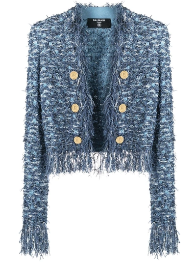 Shop Balmain Fringed Tweed Blazer In Blue