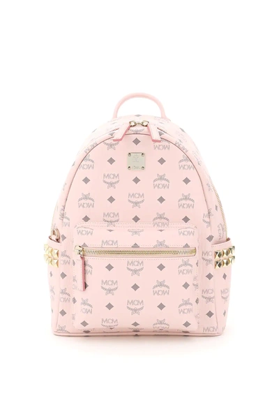 Shop Mcm Stark Visetos Backpack With Side Studs In Pink,grey