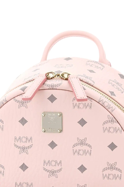Shop Mcm Stark Visetos Backpack With Side Studs In Pink,grey