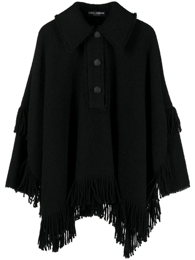 Shop Dolce & Gabbana Fringed Wool Poncho In Black