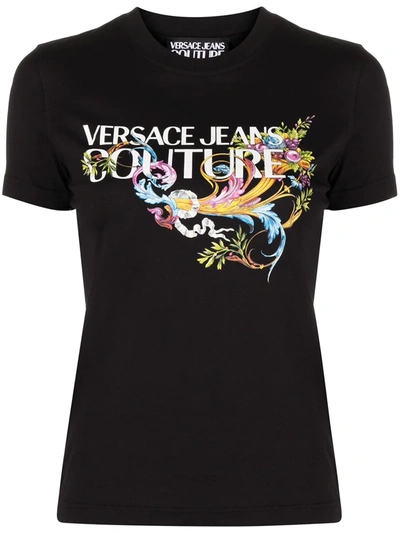 Shop Versace Jeans Couture Floral Logo-print T-shirt In Black