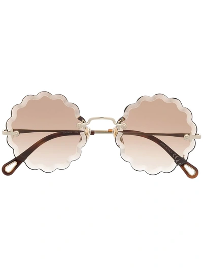 Shop Chloé Scalloped Round Frame Sunglasses In Gold