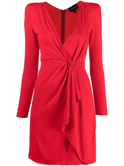 Shop Emporio Armani Crystal-embellished Draped V-neck Dress In Red