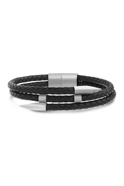 Shop Steve Madden Reinforcements Stainless Steel Black Leather Braid With Pointed Edge Bracelet