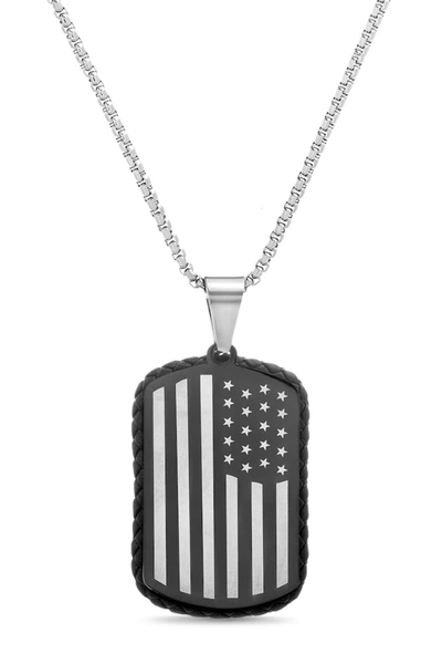 Shop Steve Madden Reinforcements Stainless Steel American Flag Leather Border Dog Tag Box Chain Necklace In Black