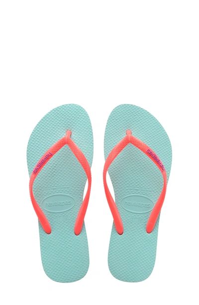 Shop Havaianas Slim Strap Cushioned Footbed Flip Flop Sandal In Ice Blue/coral New