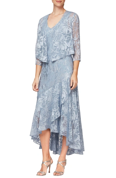 Shop Alex Evenings Metallic Textured Floral Burnout High/low Dress With Jacket In Hydrangea