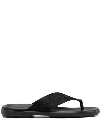 Shop Prada Logo-tape Leather Sandals In Schwarz