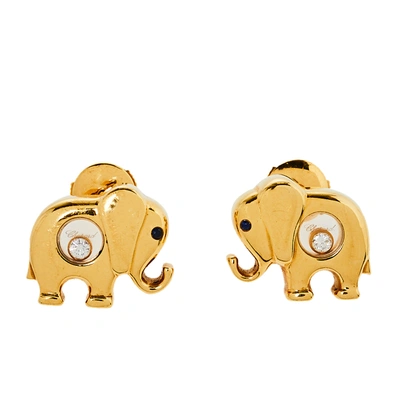 Pre-owned Chopard Happy Diamonds Elephant Motif Sapphire Diamond 18k Yellow Gold Stud Earrings