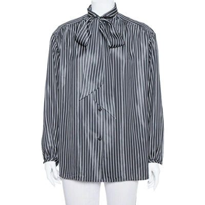 Pre-owned Balenciaga Black Striped Satin Neck Tie Detail Oversized Shirt S