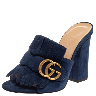 Pre-owned Gucci Blue Suede Gg Marmont Fringe Mules Size 35