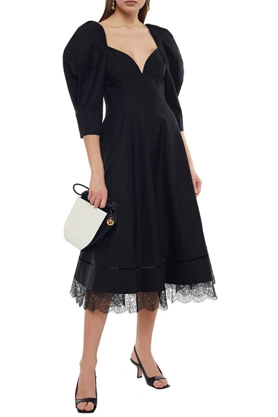 Shop Khaite Dina Lace-trimmed Cotton-twill Midi Dress In Black