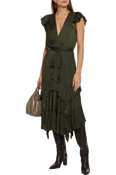Shop Ulla Johnson Abella Asymmetric Ruffled Crinkled-satin Midi Dress In Forest Green