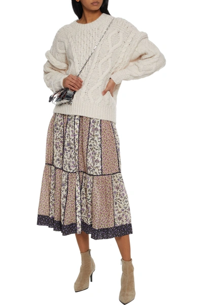 Shop Ulla Johnson Josephine Tiered Floral-print Cotton-blend Voile Midi Skirt In Cream