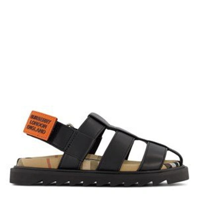 Shop Burberry Black Leather Sandals In Blue