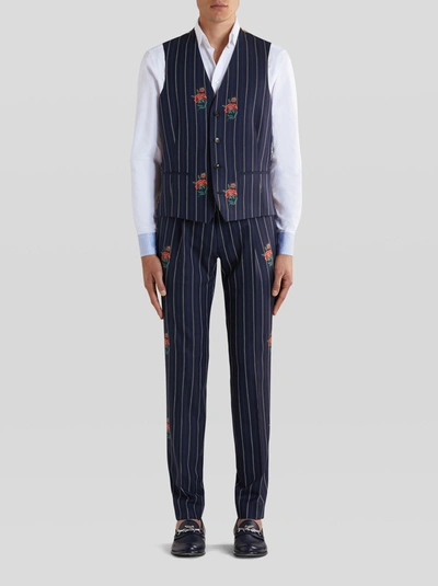 Shop Etro Pinstripe Jacquard Waistcoat With Flowers In Navy Blue