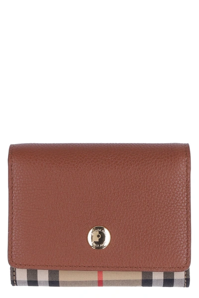 Shop Burberry Leather And Check Fabric Wallet In Brown