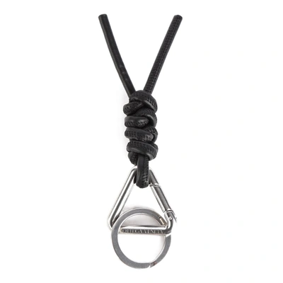 Shop Bottega Veneta Leather And Metal Key Ring In Black-silver
