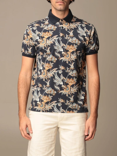 Shop Etro Polo Shirt In Patterned Cotton In Navy