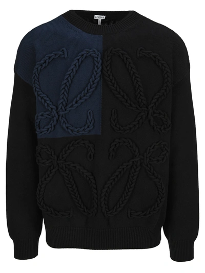 Shop Loewe Anagram Embroidered Sweater In Cotton In Black/navy Blue