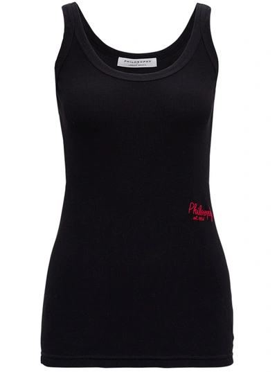 Shop Philosophy Di Lorenzo Serafini Ribbed Cotton Tank Top With Logo Embroidery In Black