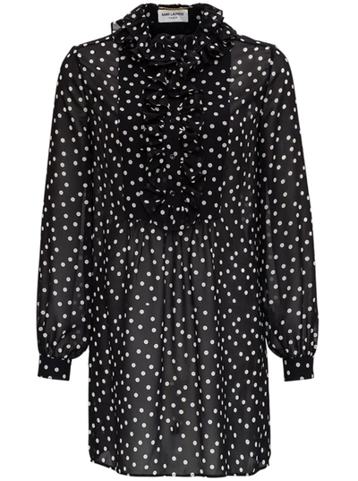 Shop Saint Laurent Silk Georgette Polka Dot Dress With Volant Jabot In Black