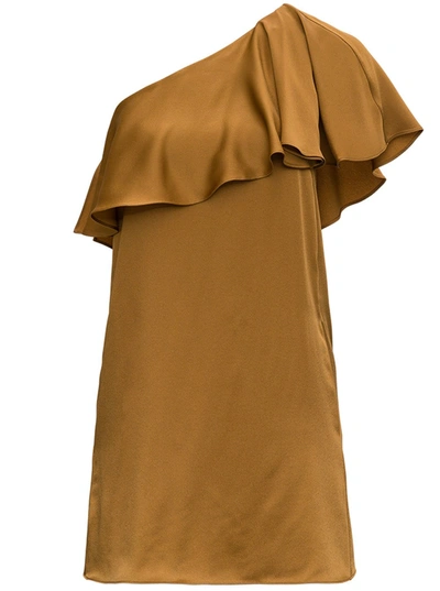 Shop Saint Laurent One Shoulder Dress With Satin Crepe Frill In Beige