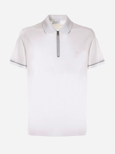 Shop Ferragamo Cotton Polo Shirt With Iconic Gancio In White-grey