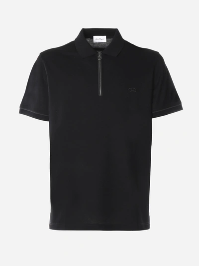 Shop Ferragamo Cotton Polo Shirt With Iconic Gancio In Black-grey