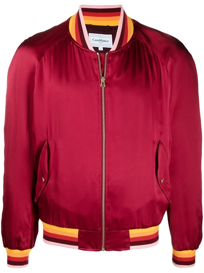 Shop Casablanca Embroidered Silk Bomber Jacket In Red