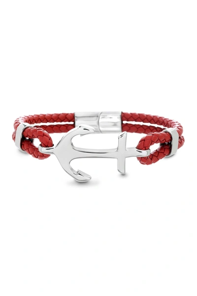 Shop Steve Madden Braided Leather Anchor Bracelet In Red