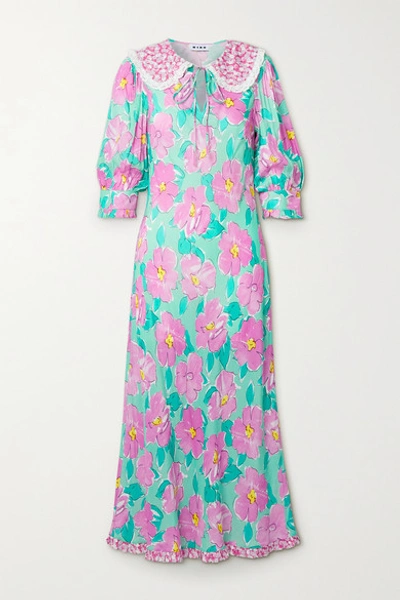 Shop Rixo London Lauren Crochet-trimmed Floral-print Crepe Midi Dress In Pink