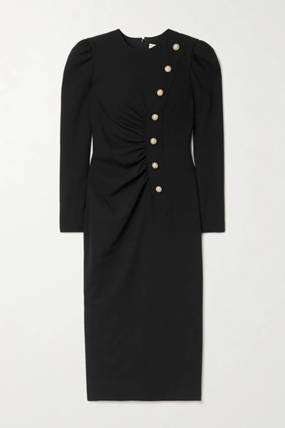 Shop Alessandra Rich Ruched Embellished Wool-blend Crepe Midi Dress In Black
