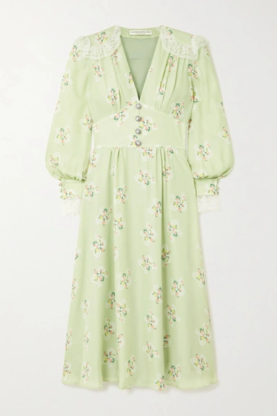 Shop Alessandra Rich Lace-trimmed Floral-print Silk Crepe De Chine Midi Dress In Green