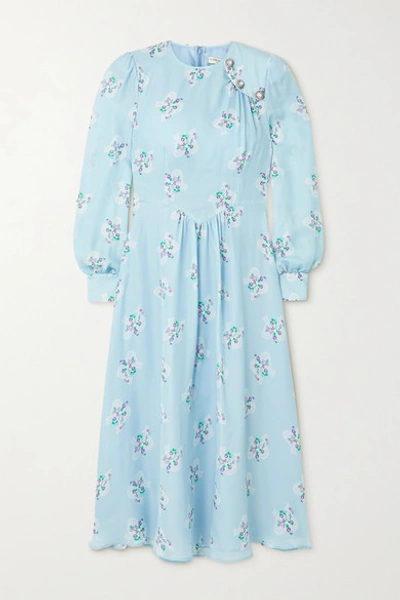 Shop Alessandra Rich Button-embellished Floral-print Silk Crepe De Chine Midi Dress In Light Blue