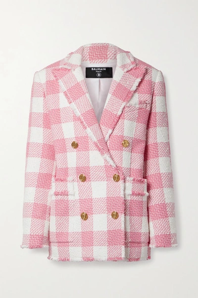 Shop Balmain Double-breasted Fringed Gingham Cotton-blend Tweed Blazer In Pink