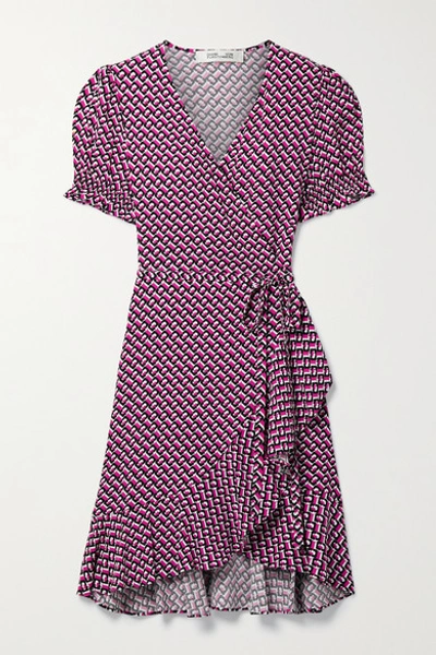 Shop Diane Von Furstenberg Emilia Ruffled Printed Crepe Mini Wrap Dress In Bright Pink