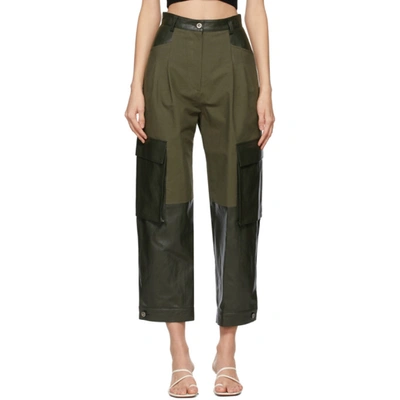 Shop Drae Khaki Faux-leather Paneled Trousers