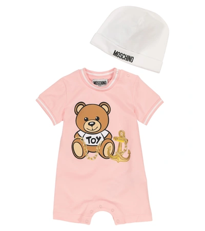 Shop Moschino Baby Stretch-cotton Playsuit And Hat Set In Pink