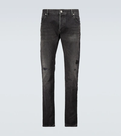 Shop Balmain Straight-leg Distressed Jeans In Black