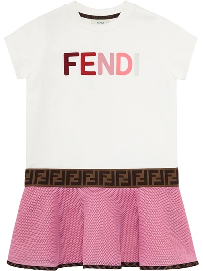 Shop Fendi Colour-block Embroidered Logo Dress In White