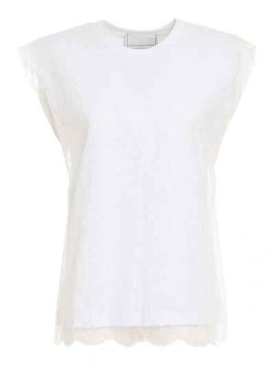 Shop Philosophy Di Lorenzo Serafini Cotton T-shirt With Lace Trim In White